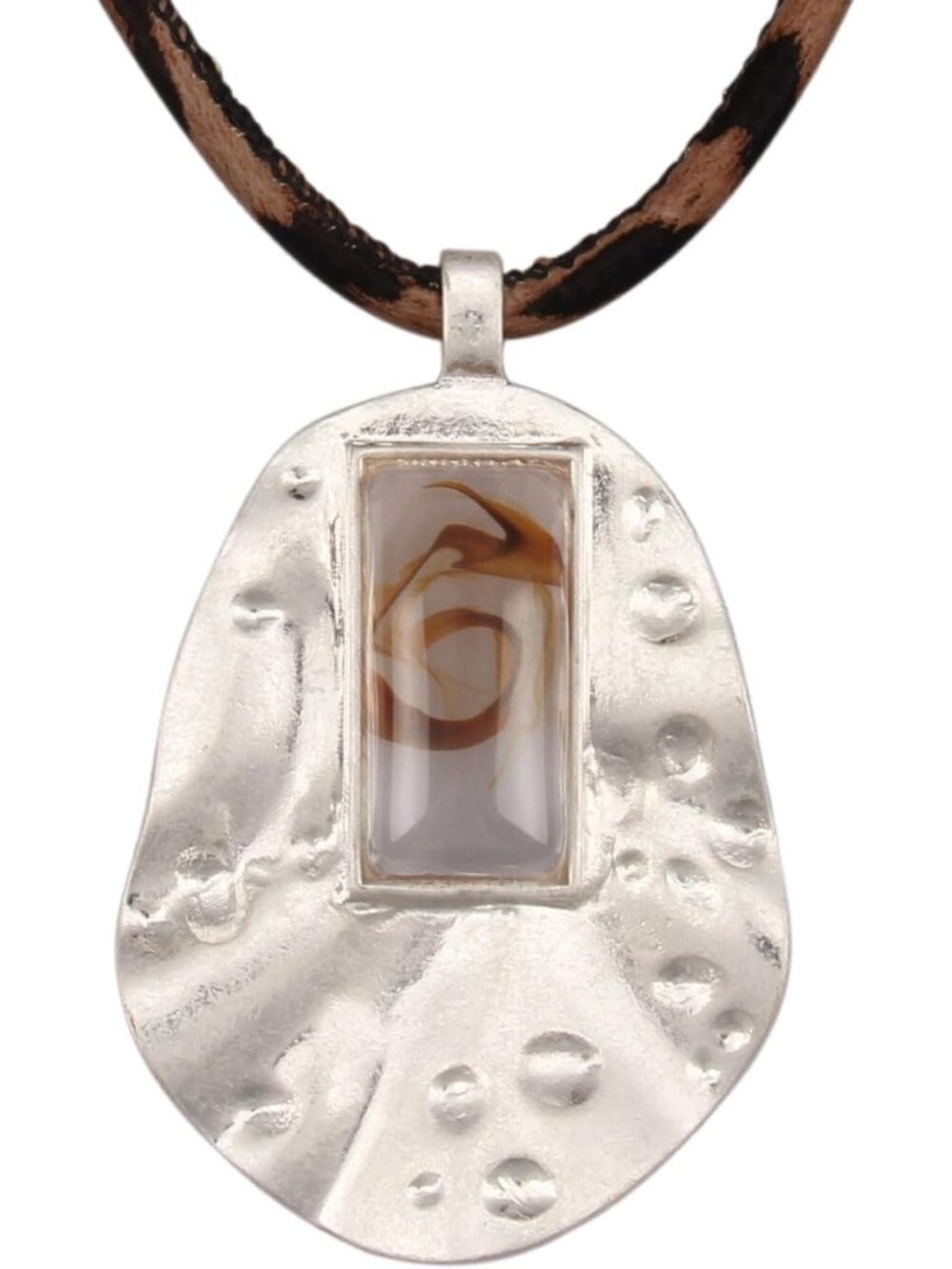 Women's Boho Silver Pendant Necklace Vintage Textured Shield Long Cord Charm